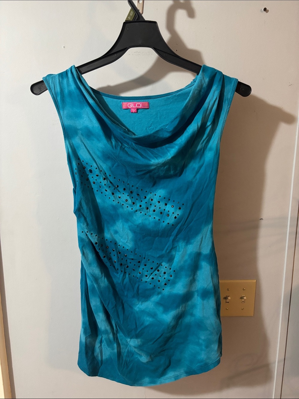 GLO Teal Blue Sleeveless Drape Neck Tank with Stud Detail Sz M